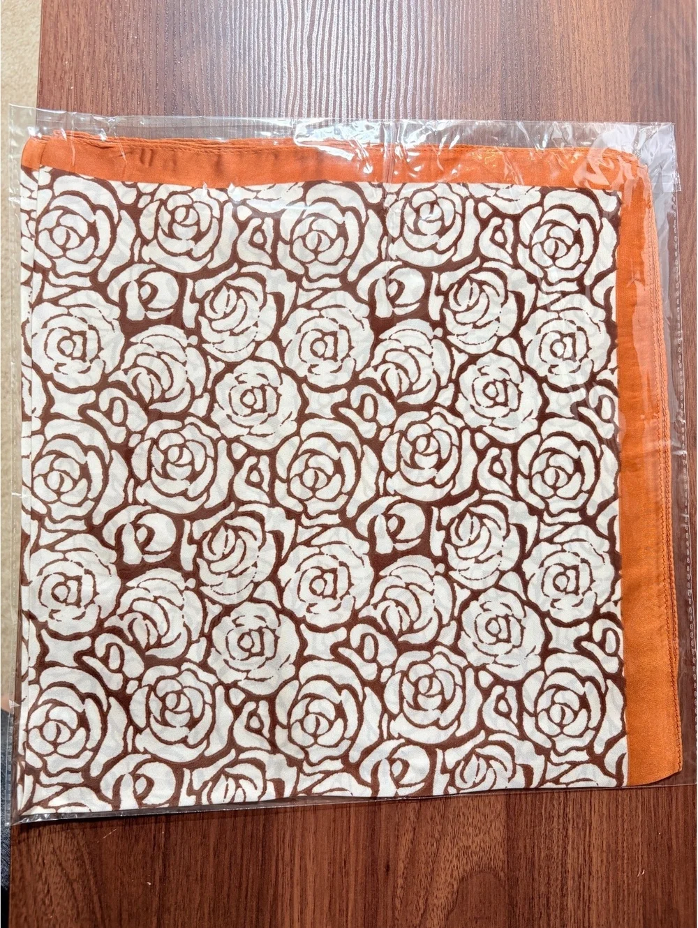 Vintage Floral Patterned Scarf with Rust Orange Border